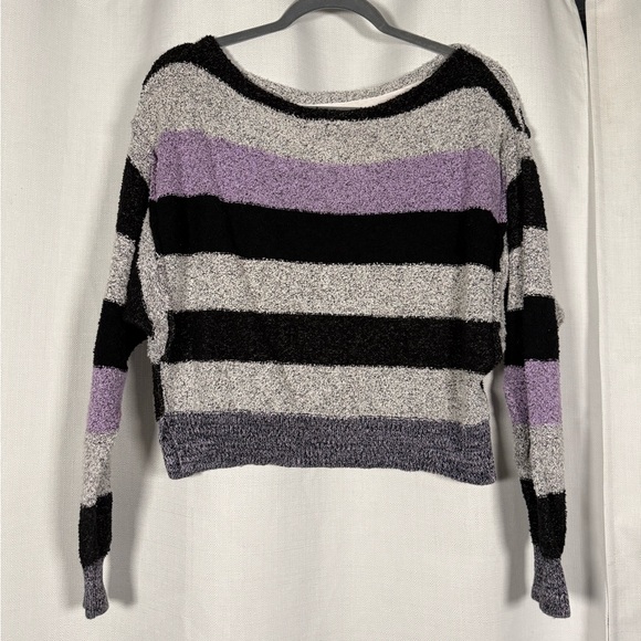 Free People Black Grey Purple Candyland Striped Crop Knit Sweater Size Small - Picture 2 of 8